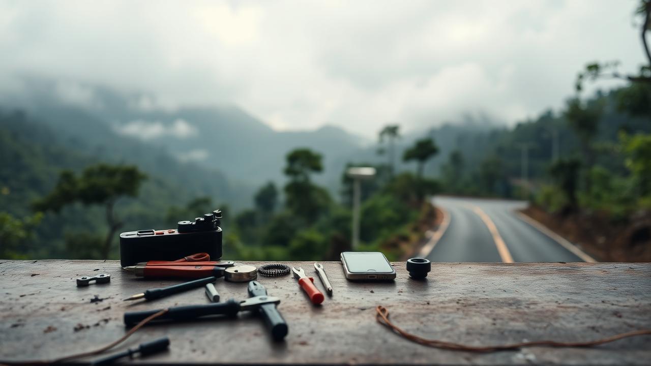 Phone repair tools on a bench with the misty Western Ghats near Khanapur in the background