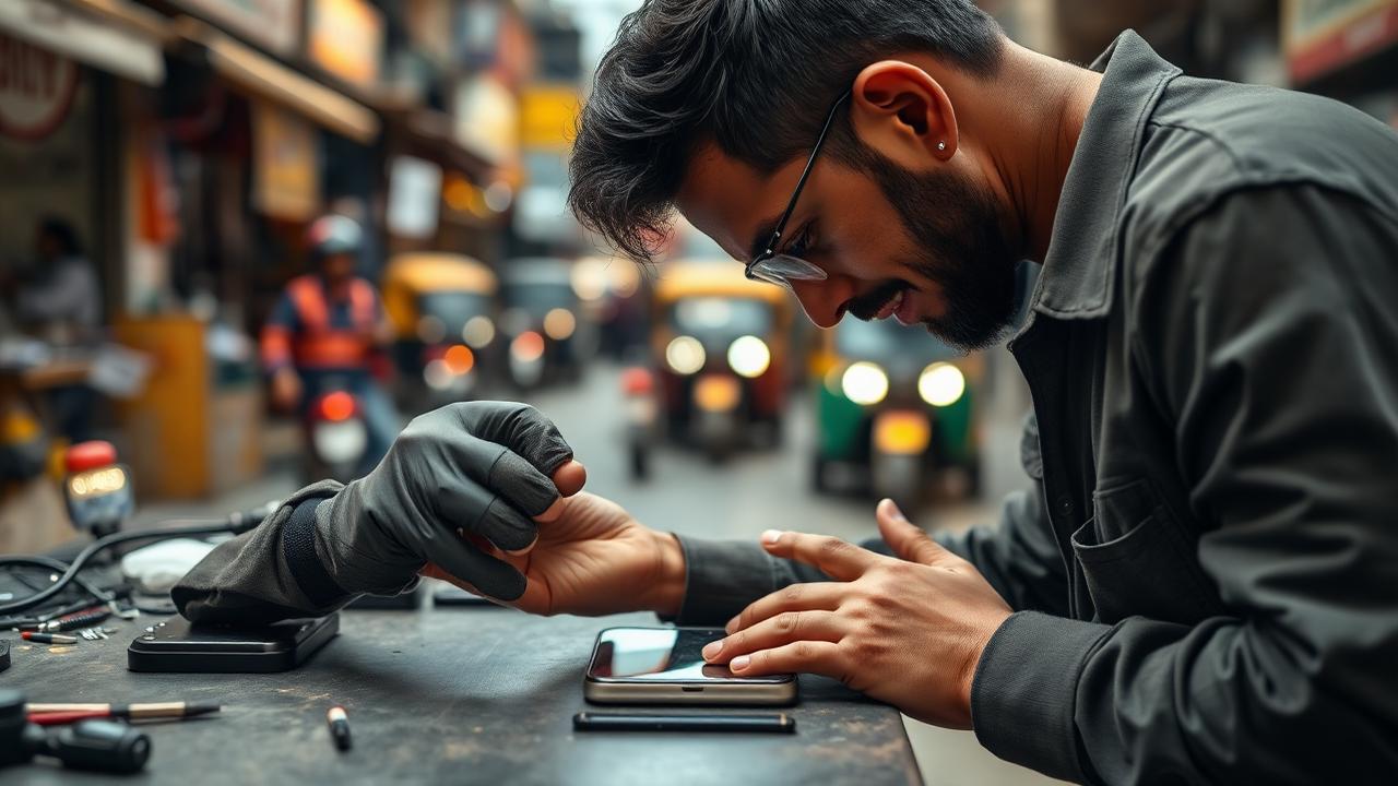 Repair technician replacing an AMOLED display for a Hubballi customer at the iFixPro Belagavi workshop