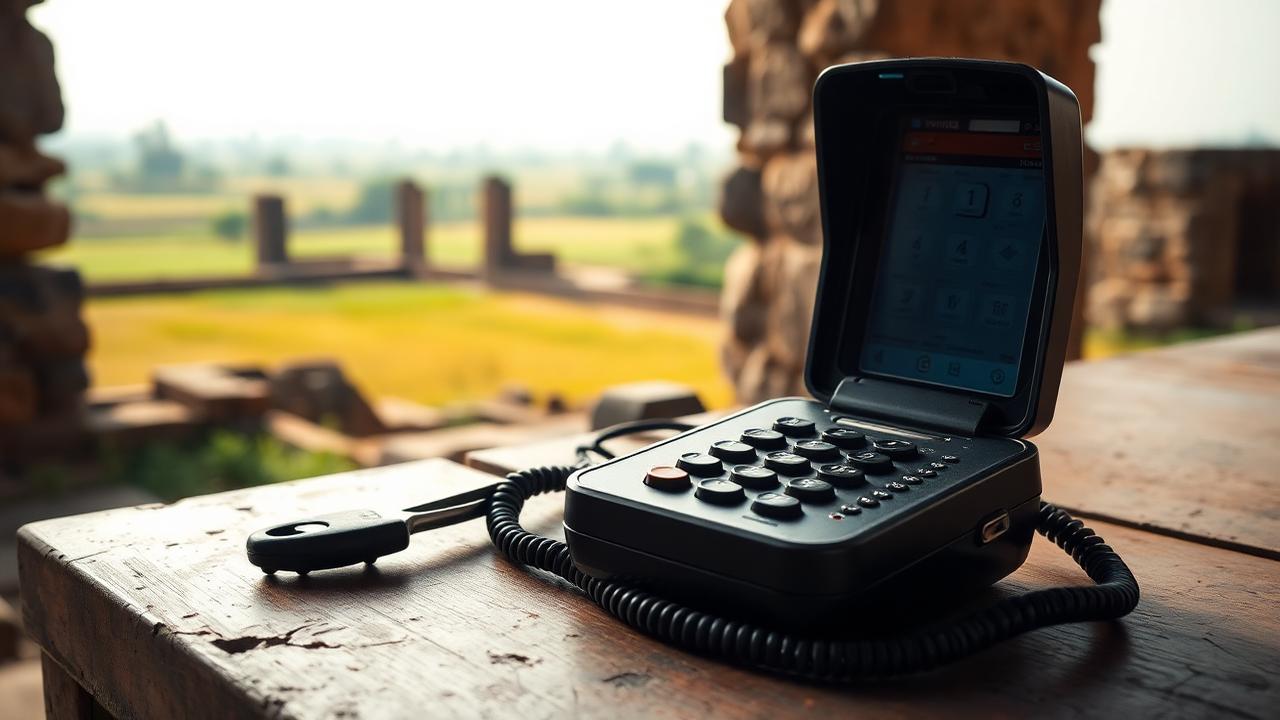 Phone repair tools and an opened handset with the historic Kittur fort landscape in the background