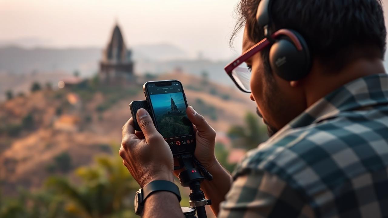 Technician checking a freshly calibrated phone display with the Saundatti hills visible in the distance