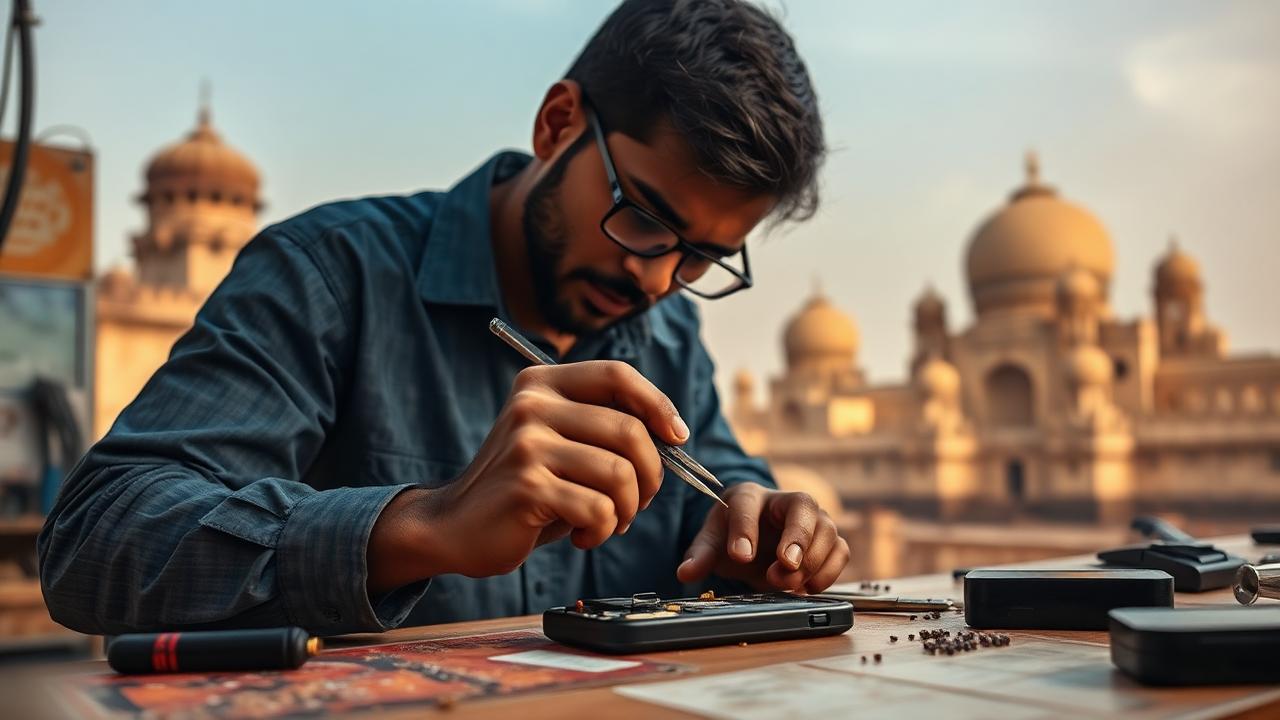 Technician removing a heat-swollen phone battery for a Vijayapura customer at the iFixPro Belagavi workshop