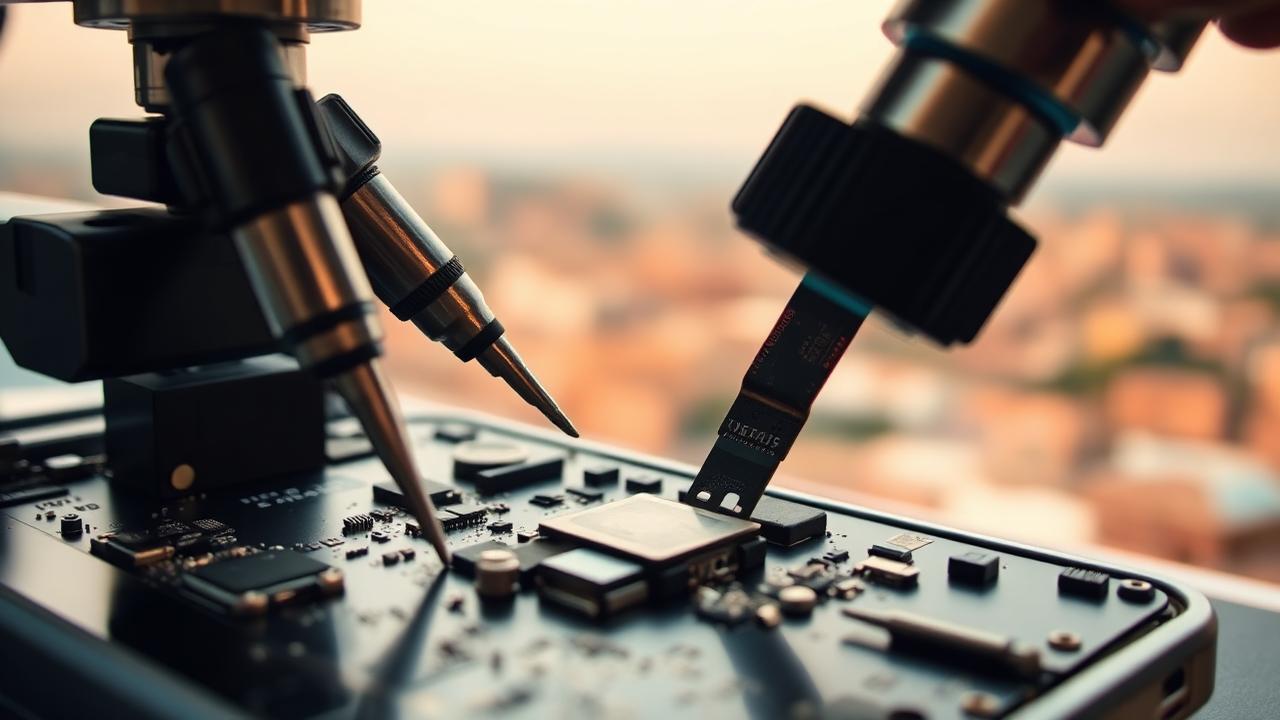 Microscope rework on a phone motherboard rescued after a failed repair for a Bagalkot customer